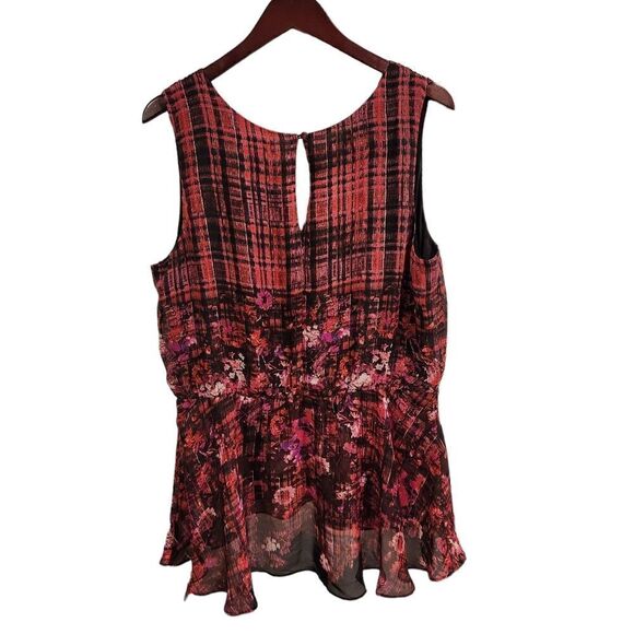 Bisou Bisou Floral Plaid Sleeveless Top Blouse XL Red Black - Picture 2 of 4